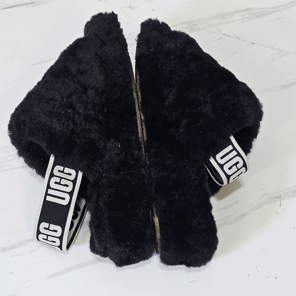 UGG Womens 6‎ Fluff Yeah Slide Black Slippers Sling Back Logo - Picture 9 of 11